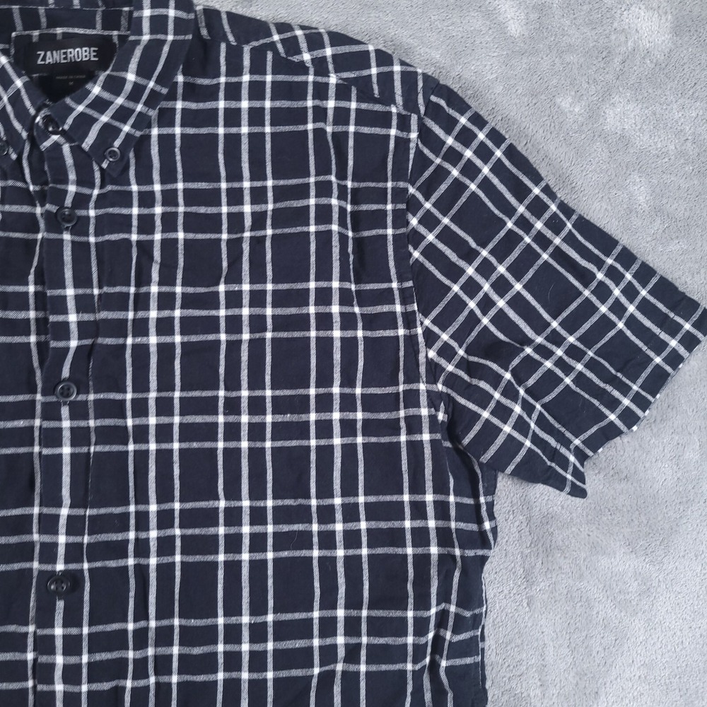 Zanerobe Shirt Mens‎ Medium Black Short Sleeve Plaid Linen Blend Button Down